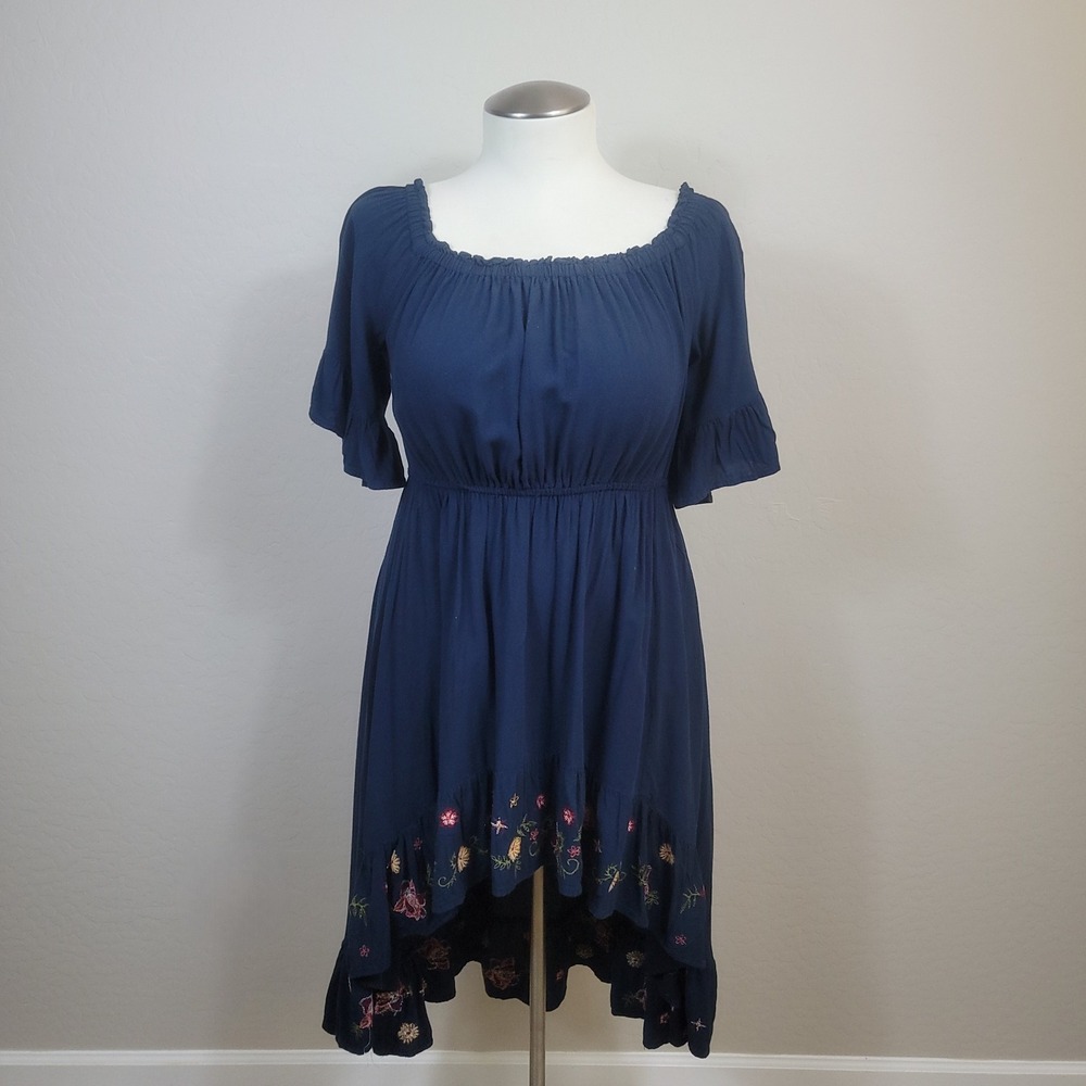 Feathers High-Low Dress Women 1X Navy Blue Floral Embroidered Boho Off-Shoulder